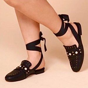 Free People Pearl Studded Black Leather Lace Up Loafer Mules Flats